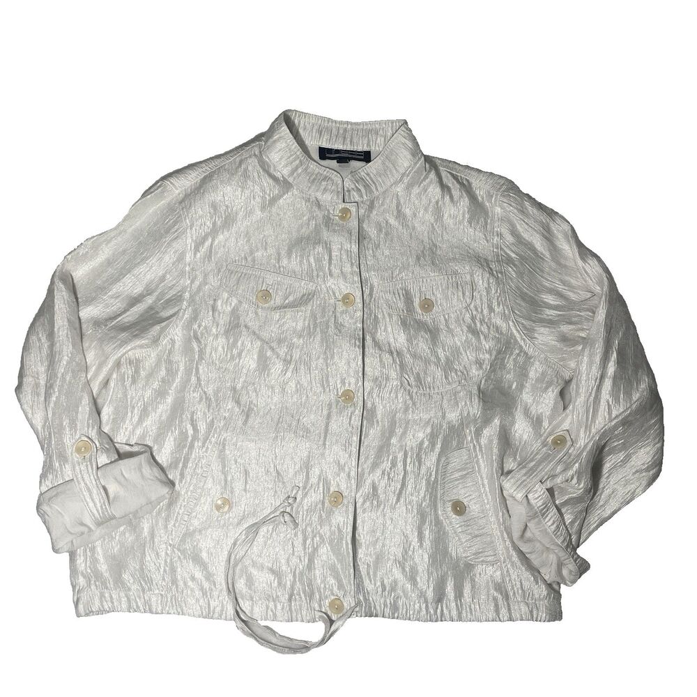 Vtg Linear Size 1x White TexturedJacket With Drawcord Hem Crinkle Design